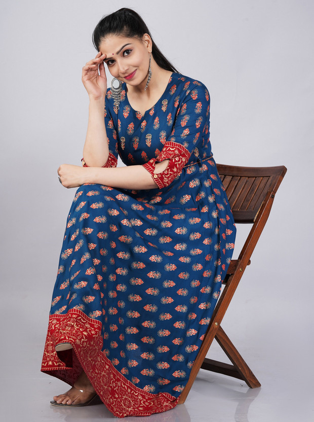 Women Printed Liva Anarkali Kurta  (Blue)
