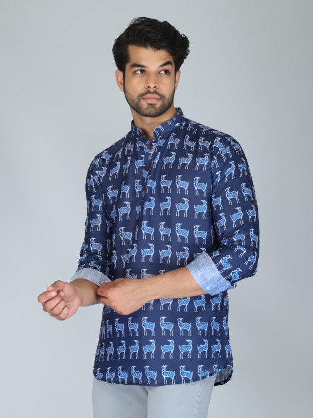 Men Printed Cotton Blend Straight Kurta  (Light Blue)