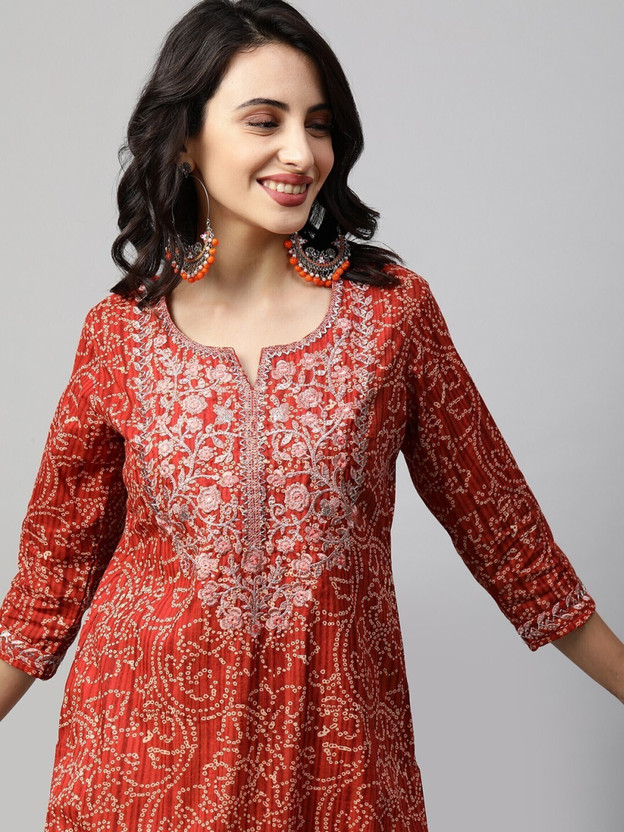Women Embroidered Viscose Rayon Straight Kurta  (Orange)