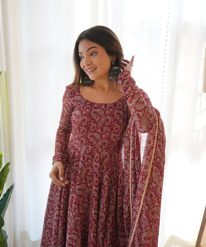 Women Printed, Floral Print Georgette Anarkali Kurta With Attached Dupatta  (Maroon)