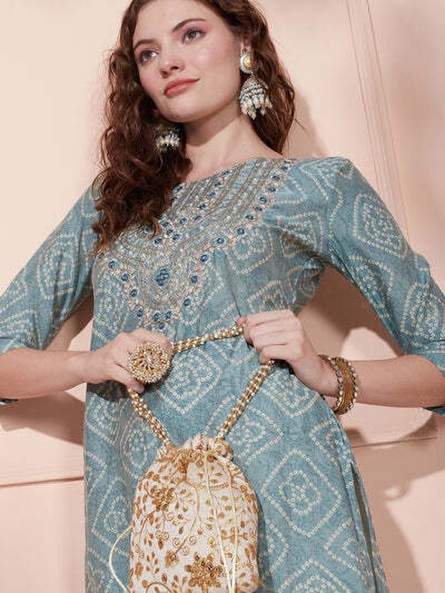 Women Embroidered Viscose Rayon Straight Kurta  (Light Blue, Beige)