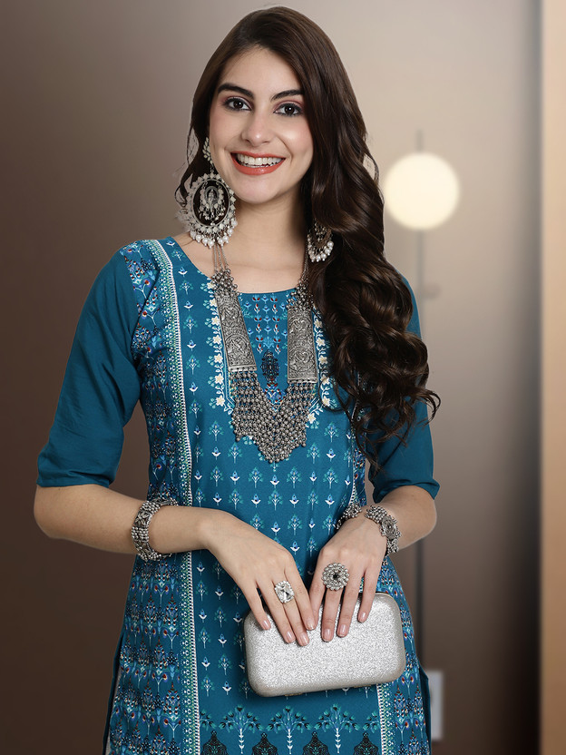 Women Printed Crepe Straight Kurta  (Blue)