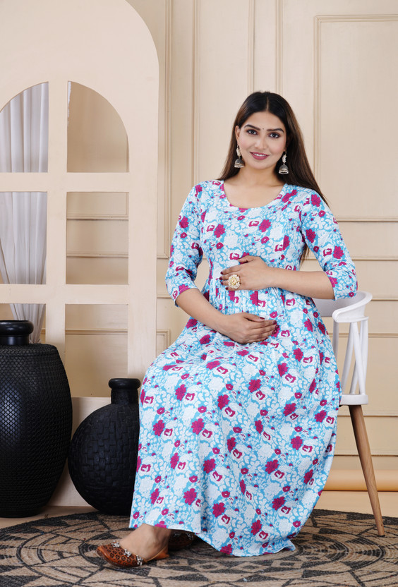 Women Floral Print Pure Cotton Flared Kurta  (Light Blue, White, Pink)