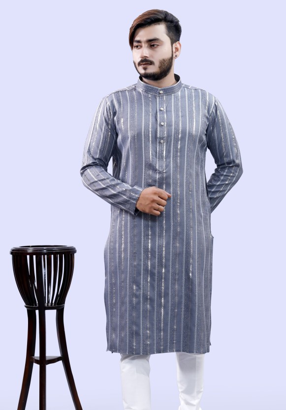 Men Striped Cotton Blend Straight Kurta  (Grey, White)