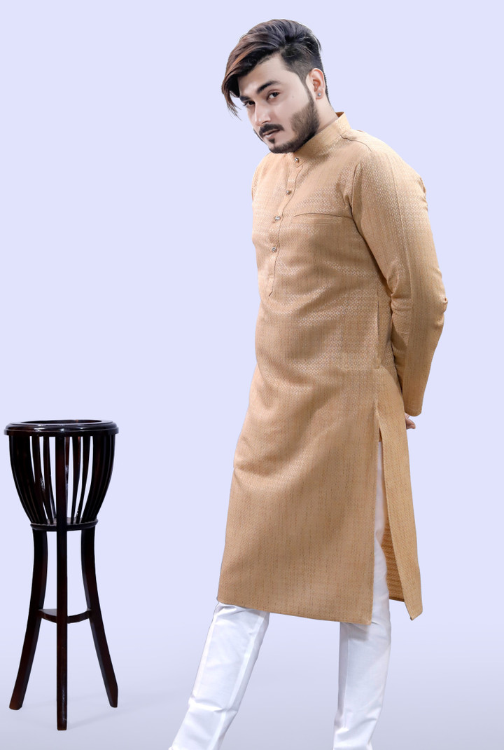 #TibraCollection - Men Woven Design Cotton Blend Straight Kurta (Beige)