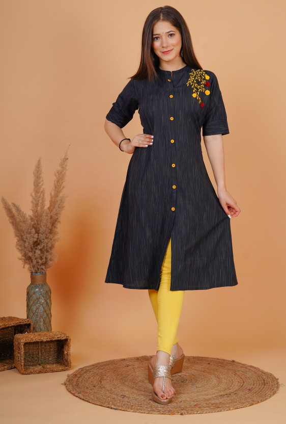 Women Embroidered Pure Cotton A-line Kurta  (Black)