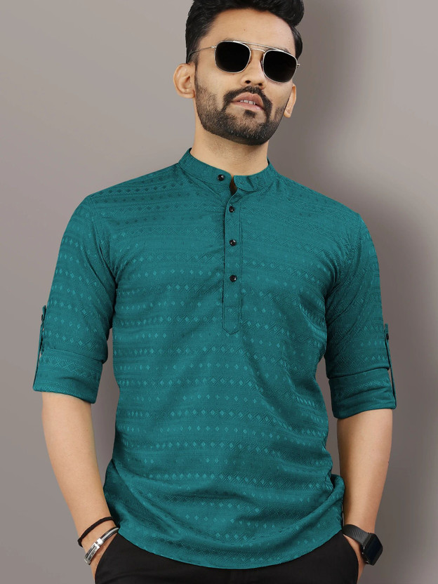 Men Striped Art Silk Straight Kurta  (Green)