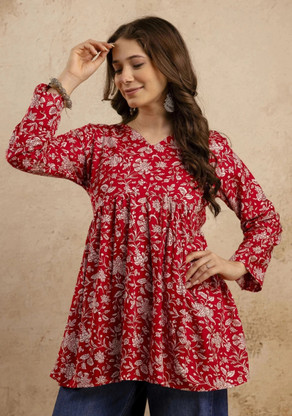 Mialo fashion - Women Floral Print Viscose Rayon Flared Kurta  (Red)