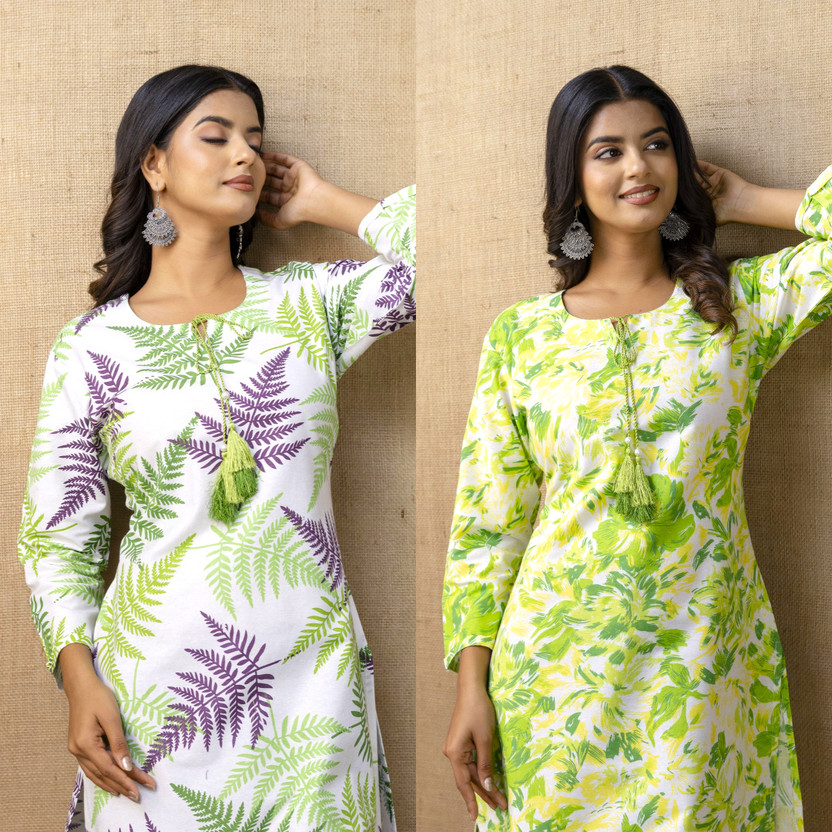 Pack of 2 Women Floral Print Cotton Blend Straight Kurta  (Green)