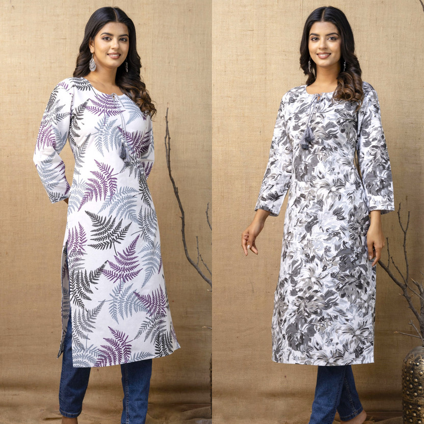 Pack of 2 Women Floral Print Cotton Blend Straight Kurta  (Grey)