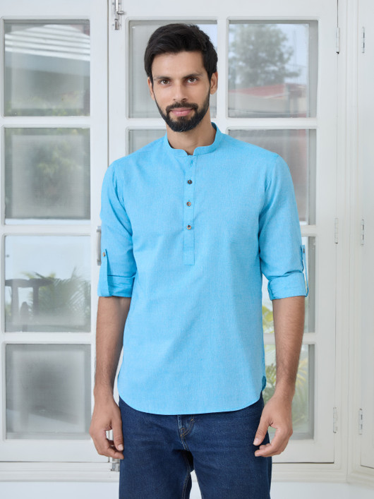 See Designs Men Solid Pure Cotton Straight Kurta (Blue)