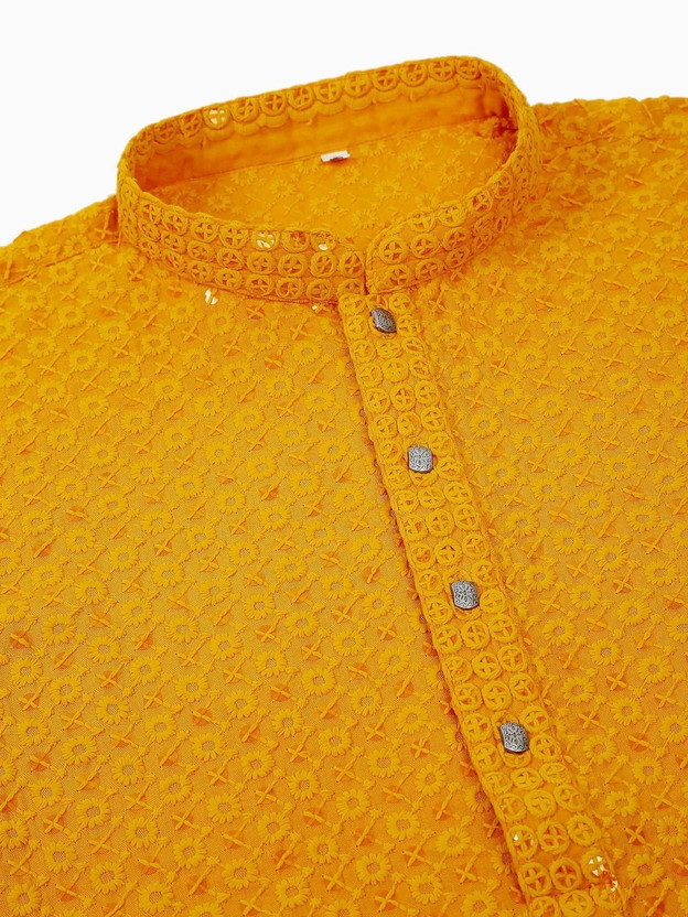 Men Chikan Embroidery Viscose Rayon A-line Kurta  (Yellow)