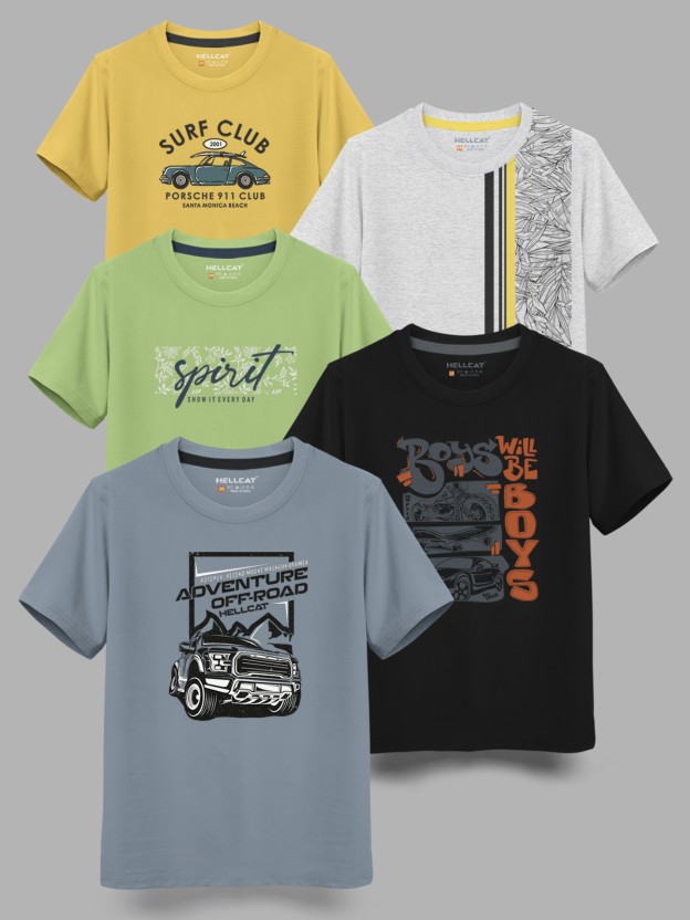 Boys Printed Cotton Blend Regular T Shirt  (Grey, Pack of 5)