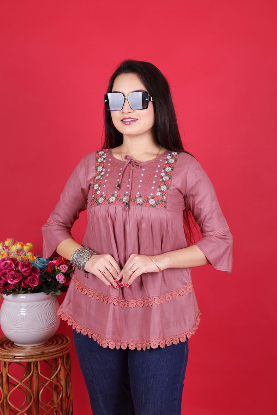 Girls Party Rayon A-line Top  (Pink, Pack of 1)