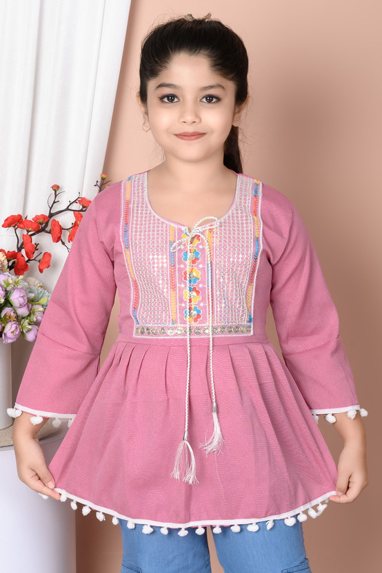 Girls Party Cotton Blend A-line Top  (Purple, Pack of 1)