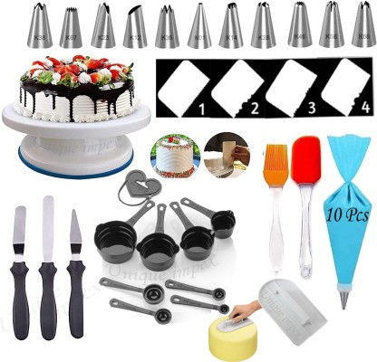 Unique Impex cake baking set combo- Free 10 Pcs Disposable Frosting Icing Piping Bag + Cake Turntable + Cake Smoother + 8-Pc Black Measuring Cups + Silicone Spatula and Brush Set + 4 Pcs Set Scraper + 12 Piece Cake Decorating Set + 3 Pcs Multi-Function Stainless Steel Cake Icing Spatula Knife (All Product Reusable & Washable) Multicolor Kitchen Tool Set  (Multicolor)