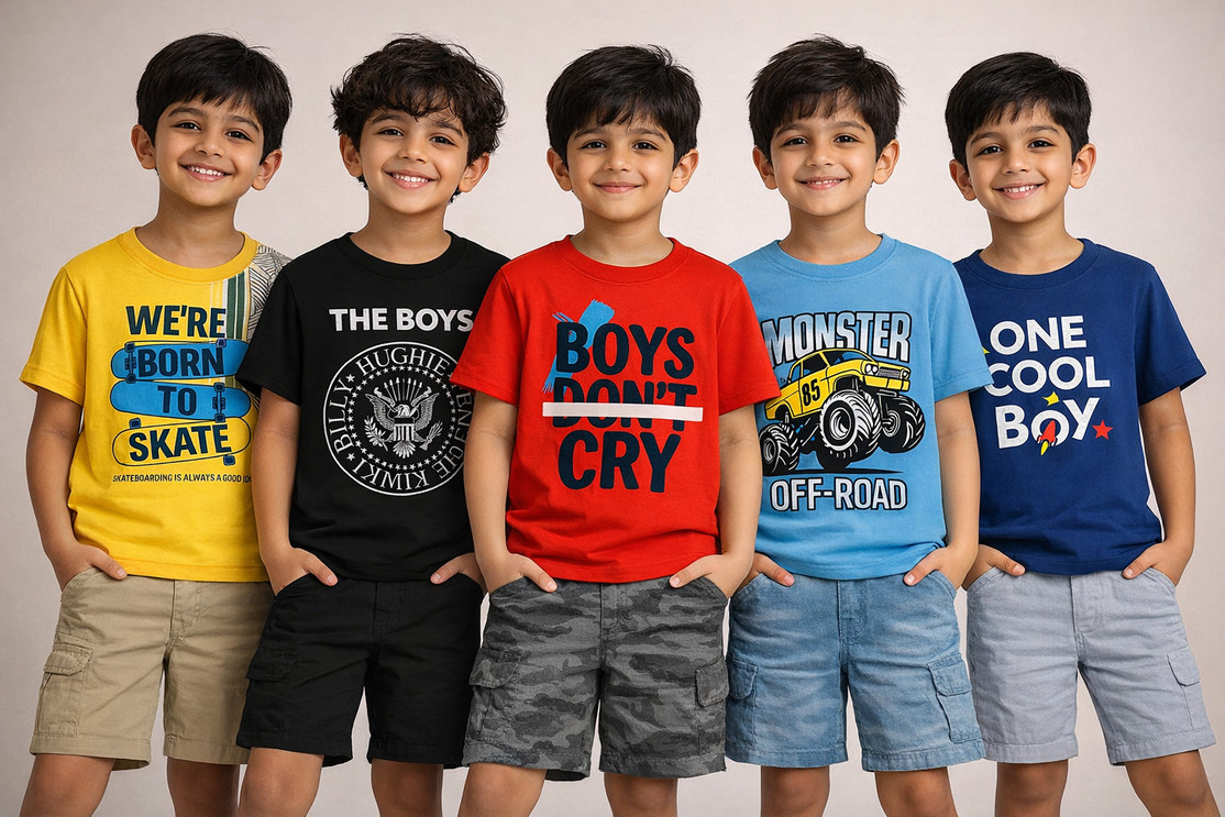FASHIONATE WORLD Boys Printed Pure Cotton T Shirt (Multicolor, Pack of 5)