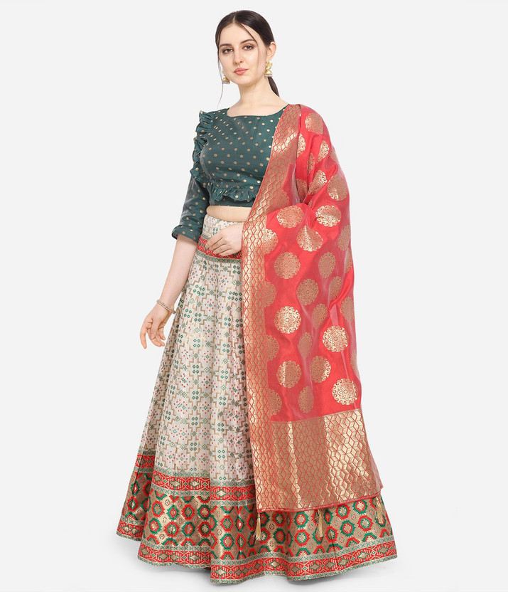 Self Design, Printed Semi Stitched Lehenga & Crop Top  (Dark Green, Beige, Red)