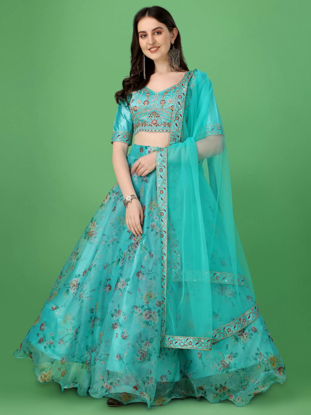 Printed Semi Stitched Lehenga Choli  (Light Blue)