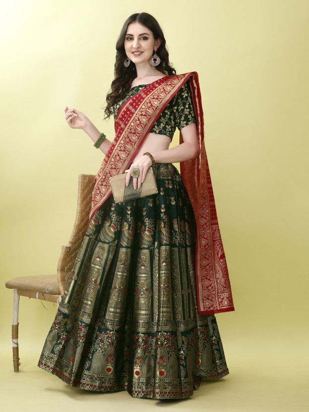 Embellished, Floral Print, Self Design Semi Stitched Lehenga Choli  (Green, Red)