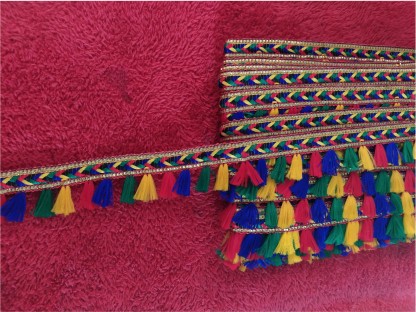 hariyanilace Multi colour lace with multicolor tassels MULTI color pompom tassels dupatta saree Lace Reel  (Pack of 1)