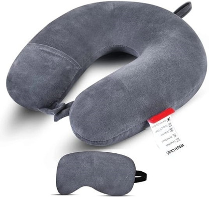 JSR_MART Velvet Unisex U Shaped Micro Fiber Cushion Neck Rest Pillow With Eye Mask Neck Pillow & Eye Shade  (Grey)