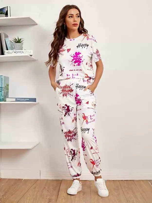Women Night Suit Set Pink Printed