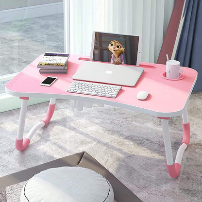 HF HARSH FASHION Multipurpose Foldable with Cup Holder, Study , Bed Wood Portable Laptop Table  (Finish Color - Pink, Pre Assembled)