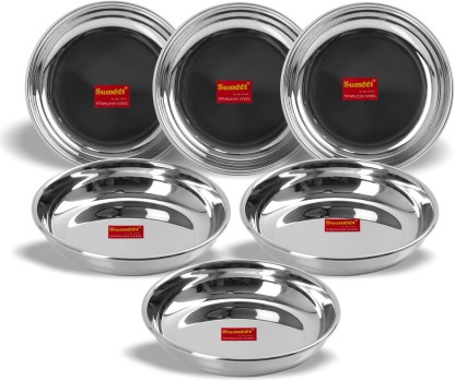 Sumeet Stainless Steel Heavy Gauge Small Halwa Plates with Mirror finish 13.5cm Dia - Set of 6pc Quarter Plate  (6 Quarter Plate)