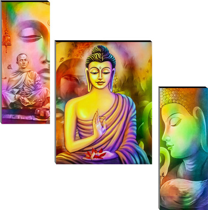 Indianara Set of 3 Gautam Buddha MDF Art Painting (3585FL) without glass (4.5 X 12, 9 X 12, 4.5 X 12 INCH) Digital Reprint 12 inch x 18 inch Painting  (With Frame, Pack of 3)