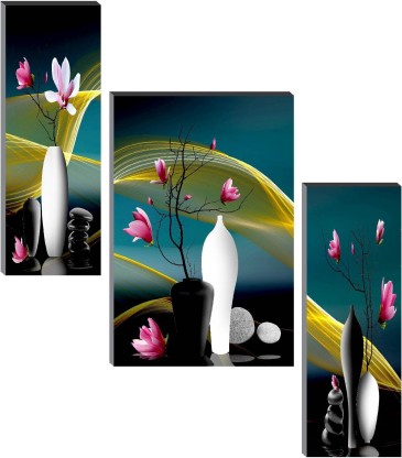 saf Set of 3 Floral Digital Reprint 12 inch x 18 inch Painting  (With Frame, Pack of 3)