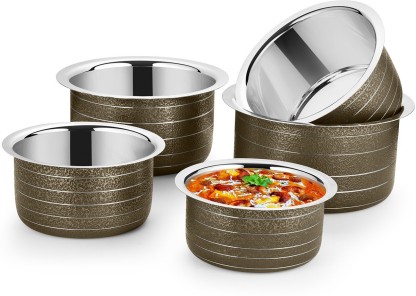 Ideale Brown Texture stainless steel 5 Pcs Patila set Tope Set 10 L capacity 22.5 cm diameter  (Stainless Steel, Induction Bottom)
