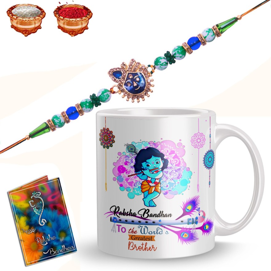 Religious Rakhi, Mug, Greeting Card, Chawal Roli Pack  Set  (1 Designer Rakhi , 1 Designer Printed Mug ,1 Small Greeting Card, Roli Chawal Pack)