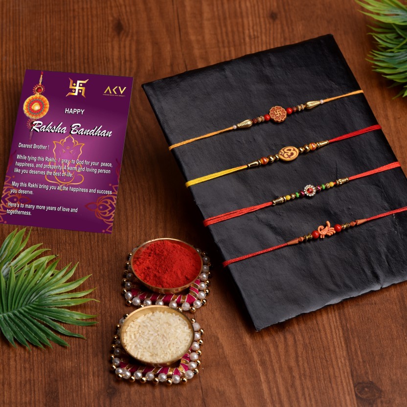 Designer AKVRAKHIP4S4 Pearl, Mauli Thread, Gold, Gold Finish, Silver, Plastic (PVC) Rakhi, Greeting Card, Chawal Roli Pack  Set  (Designer Rakhi Pack of 4, Greeting Card Gift for Brother, Roli & Chawal)
