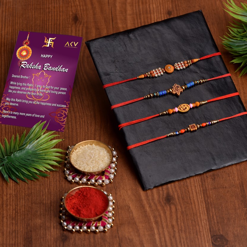 Designer AKVRAKHIP4S1 Pearl, Mauli Thread, Gold, Gold Finish, Silver, Plastic (PVC) Rakhi, Greeting Card, Chawal Roli Pack  Set  (Designer Rakhi Pack of 4, Greeting Card Gift for Brother, Roli & Chawal)