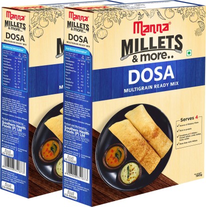 Manna Instant Multigrain Millet Dosa Ready Mix | Dosa Batter | 180g x 2 Packs, Serves 8 | 100% Natural Ingredients | Made with Foxtail Millet, Little Millet & Kodo Millet 360 g  (Pack of 2)