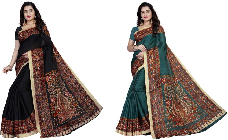 Printed Kalamkari Khadi Silk Saree  (Pack of 2, Blue, Black)
