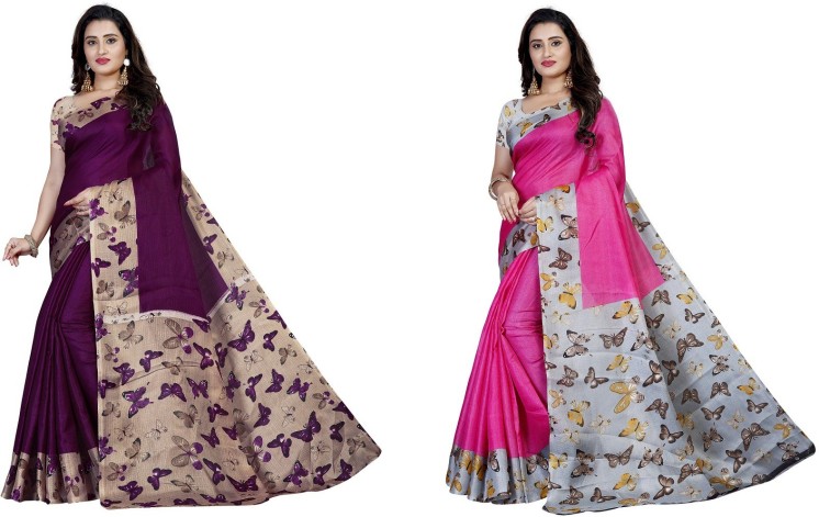 Printed Mysore Khadi Silk Saree  (Pack of 2, Purple, Pink)