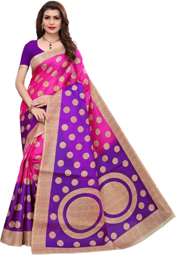 Polka Print Bhagalpuri Khadi Silk Saree  (Pink)