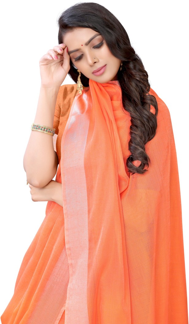 Striped, Woven, Embellished Kanjivaram Cotton Silk Saree  (Orange)