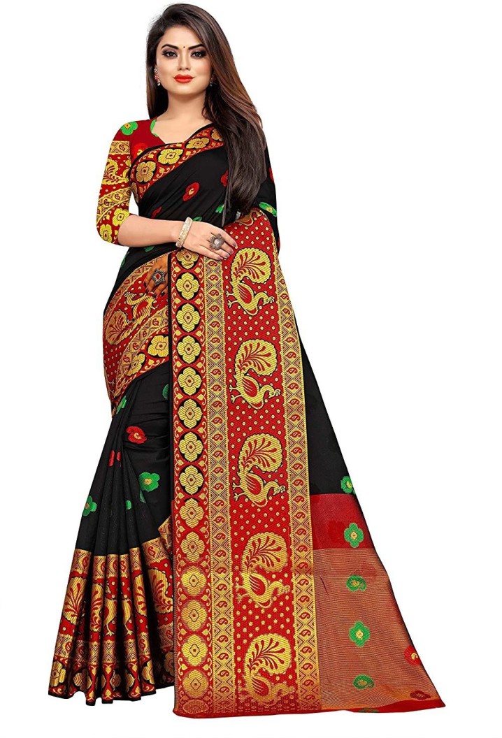 Woven, Embroidered, Checkered Banarasi Cotton Silk, Jacquard Saree  (Black)