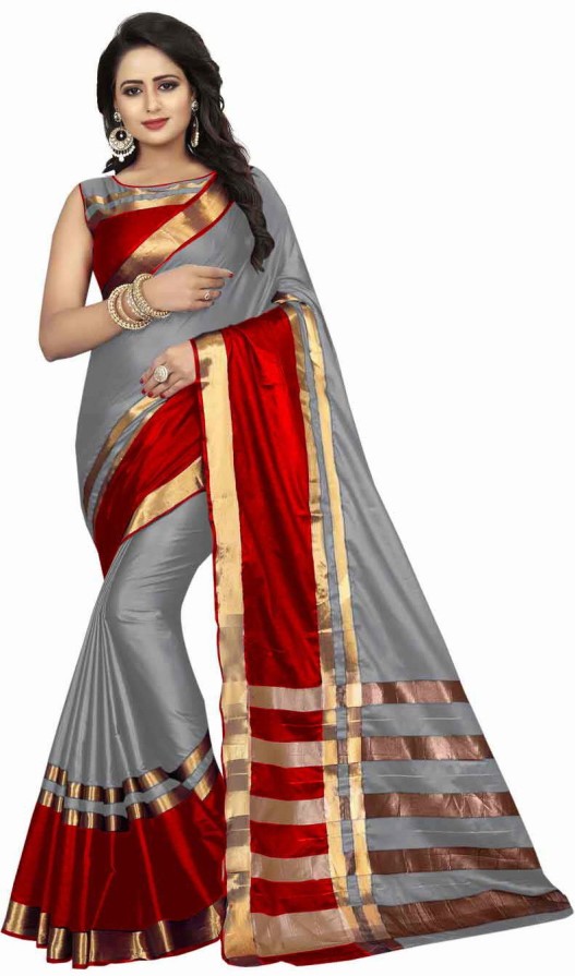 Striped Dharmavaram Cotton Silk Saree  (Grey)