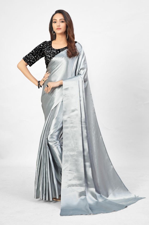 Embellished, Plain, Solid Banarasi Poly Silk, Satin Blend Saree  (Grey)