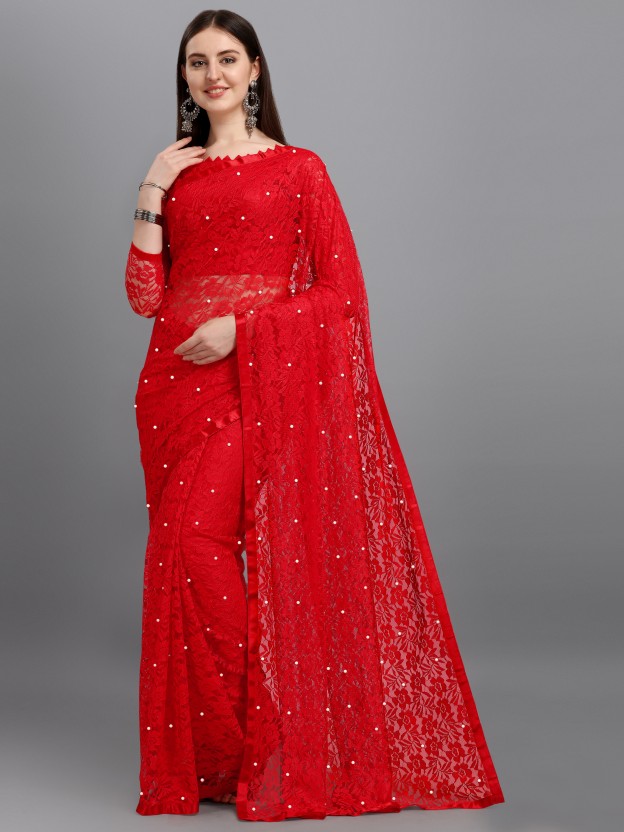 Self Design Bollywood Net Saree  (Red)