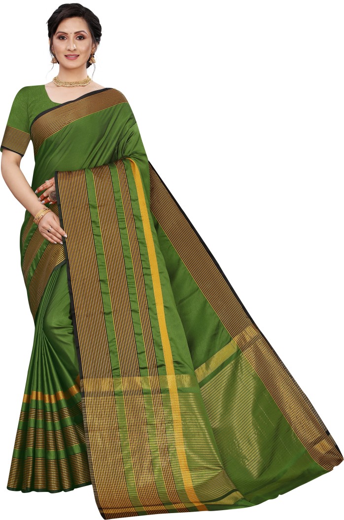 Solid Ikkat Lycra Blend Saree  (Green, Gold, Black)