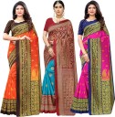 Printed, Striped, Floral Print Banarasi Cotton Silk Saree  (Pack of 3, Maroon, Pink, Orange)