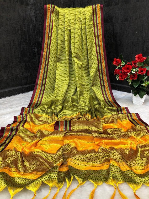 Woven, Embroidered, Checkered Banarasi Cotton Silk, Cotton Blend Saree  (Yellow)