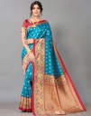 Printed, Geometric Print Kanjivaram Silk Blend Saree  (Blue, Beige)