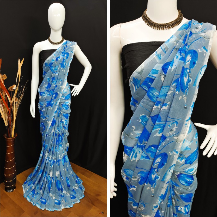 Floral Print Daily Wear Georgette Saree  (Light Blue, Grey)