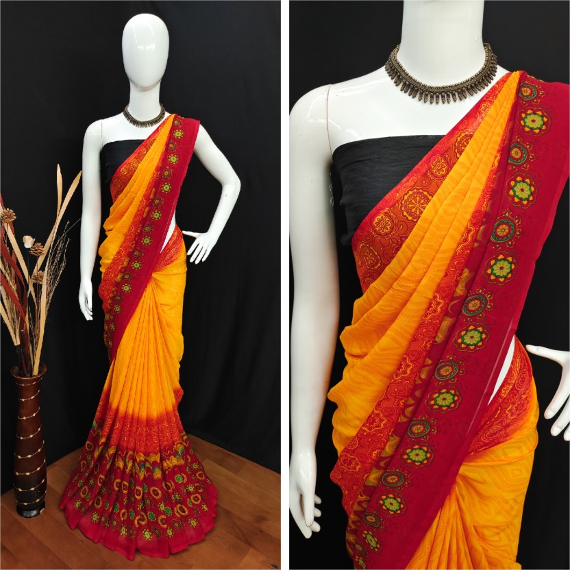 Floral Print Daily Wear Georgette Saree  (Red, Yellow)